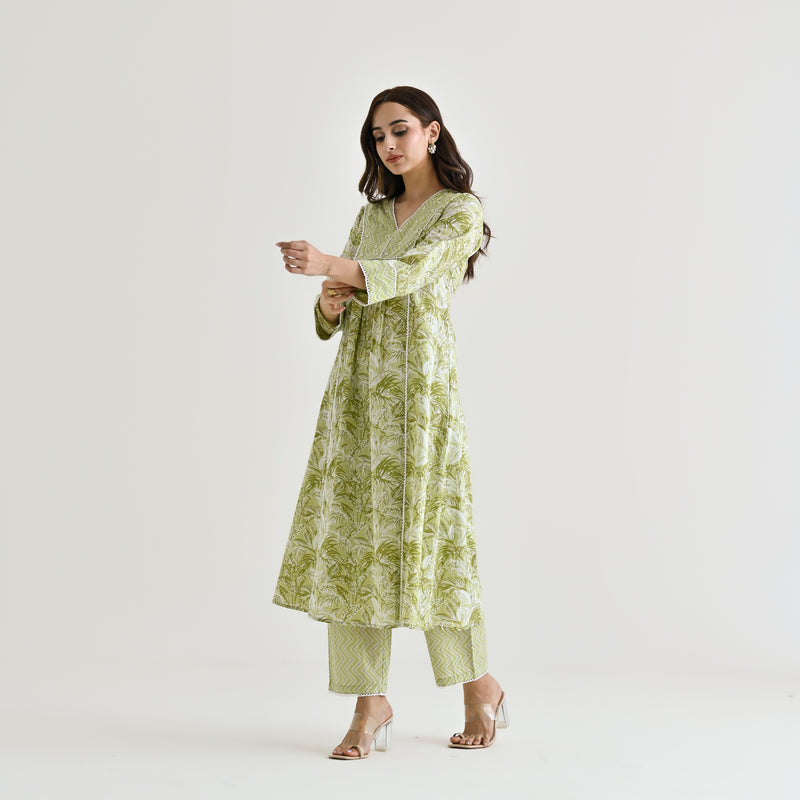 Lime Green Sanganeri Cotton Kurta with Embroidery & Lace Details