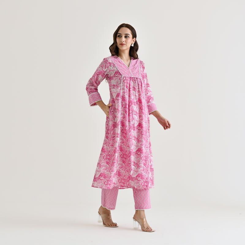 Baby Pink Sanganeri Cotton Co-ord Set with Embroidery & Lace Details
