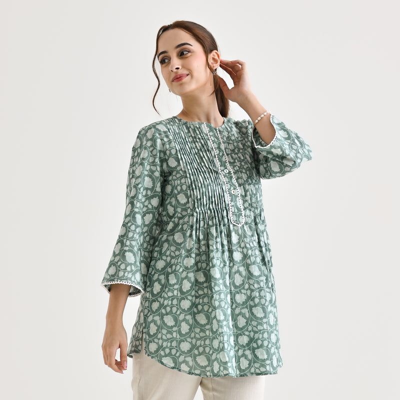 Dusty Blue Sanganeri Printed Cotton Tunic with Pintuck & Lace Details