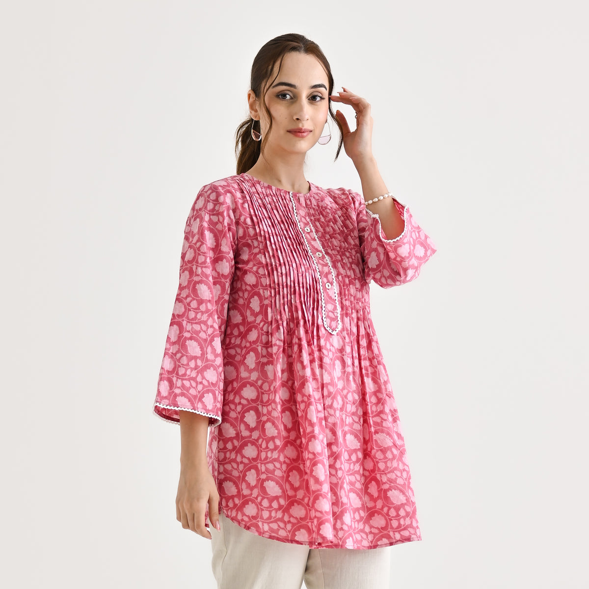 Dusty Pink Sanganeri Printed Cotton Tunic with Pintuck & Lace Details