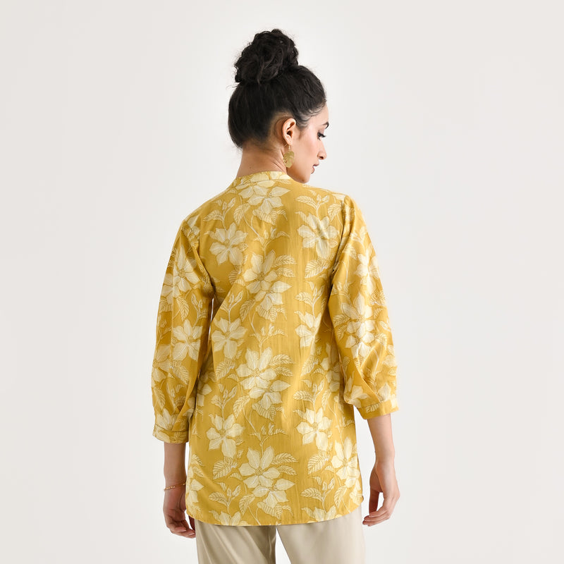 Mango Yellow Breezy Sanganeri Floral Cotton Tunic with Pintuck Detail