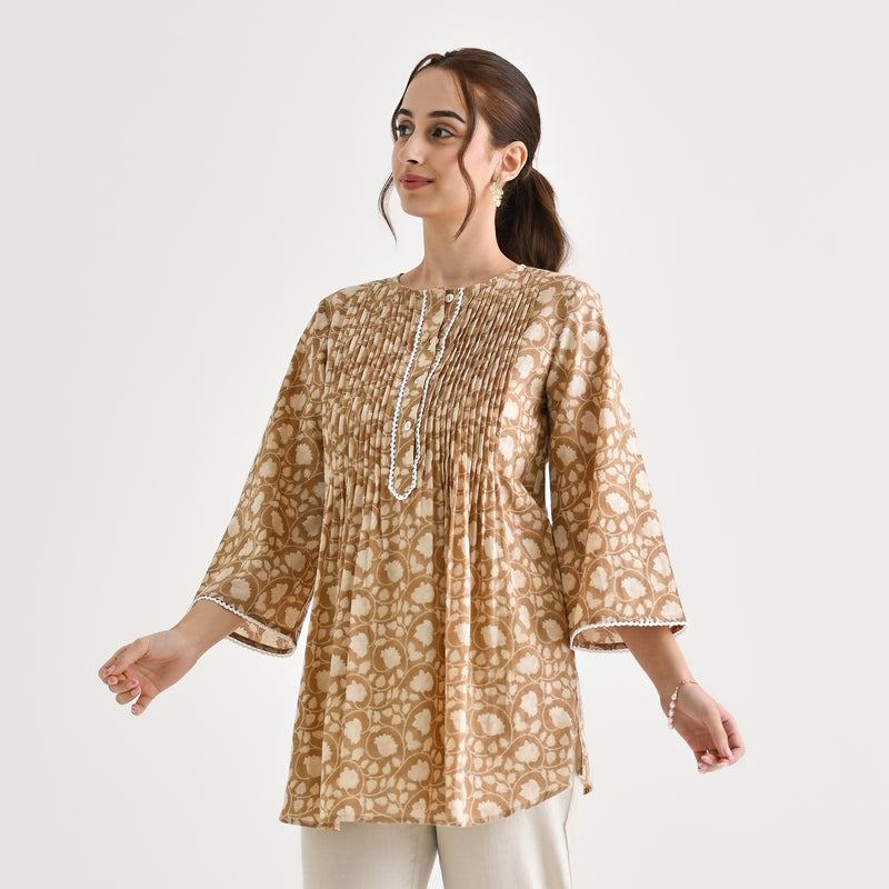 Brown Sanganeri Cotton Printed Tunic with Pintuck & Lace Details