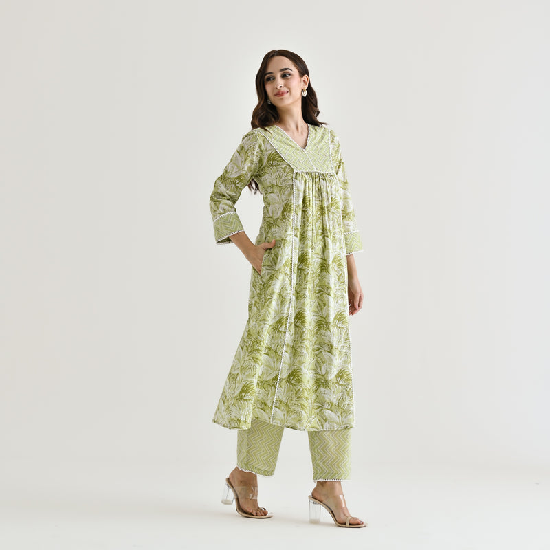 Lime Green Sanganeri Cotton Co-ord Set with Embroidery & Lace Details