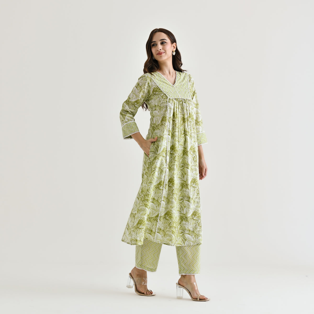 Lime Green Sanganeri Cotton Kurta with Embroidery & Lace Details
