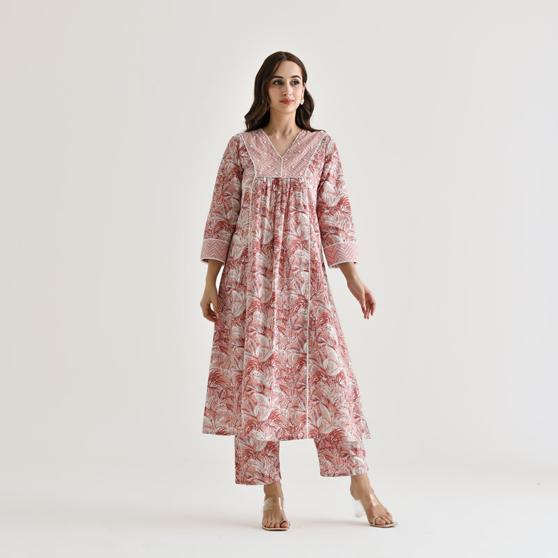 Dusty Peach Sanganeri Cotton Co-ord Set with Embroidery & Lace Details