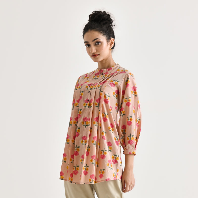 Baby Pink Floral Printed Cotton Tunic with Pintuck & Button Details