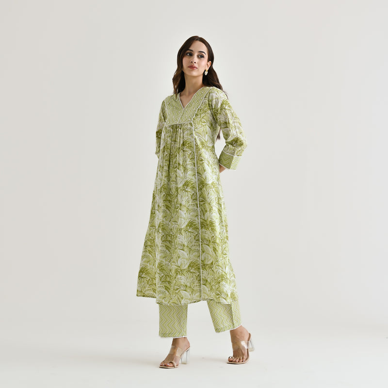 Lime Green Sanganeri Cotton Co-ord Set with Embroidery & Lace Details