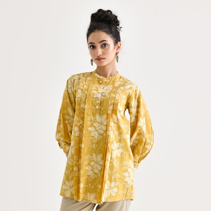 Mango Yellow Breezy Sanganeri Floral Cotton Tunic with Pintuck Detail