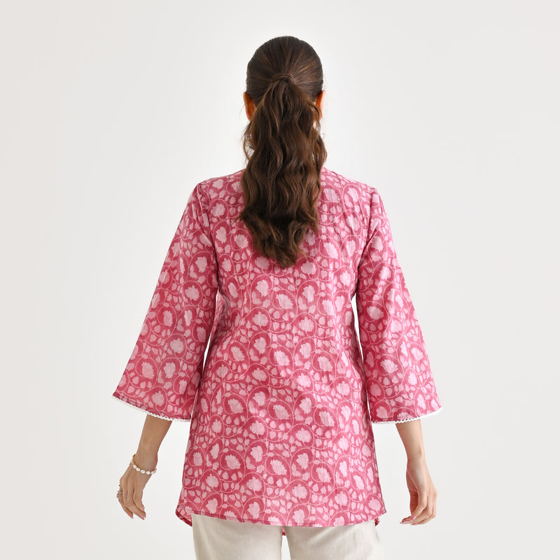 Dusty Pink Sanganeri Printed Cotton Tunic with Pintuck & Lace Details