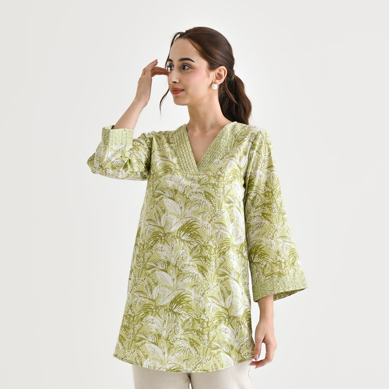 Lemon Green Abstract Printed Sanganeri Cotton Tunic with Pintuck Neckline Detail