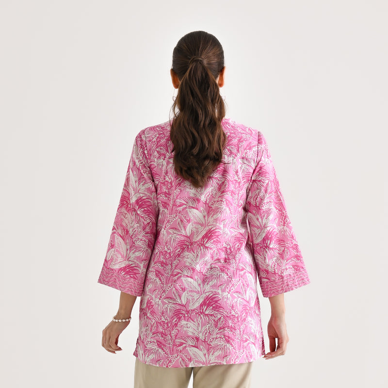 Baby Pink Abstract Printed Sanganeri Cotton Tunic with Pintuck Neckline Detail