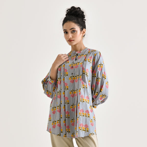 Dusty Blue Floral Printed Tunic with Pintuck & Button Details
