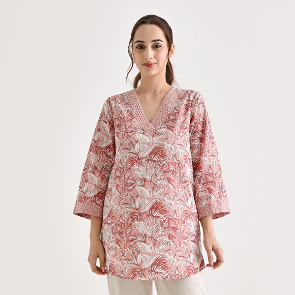 Dusty Peach Abstract Printed Sanganeri Tunic with Pintuck Neckline Detail