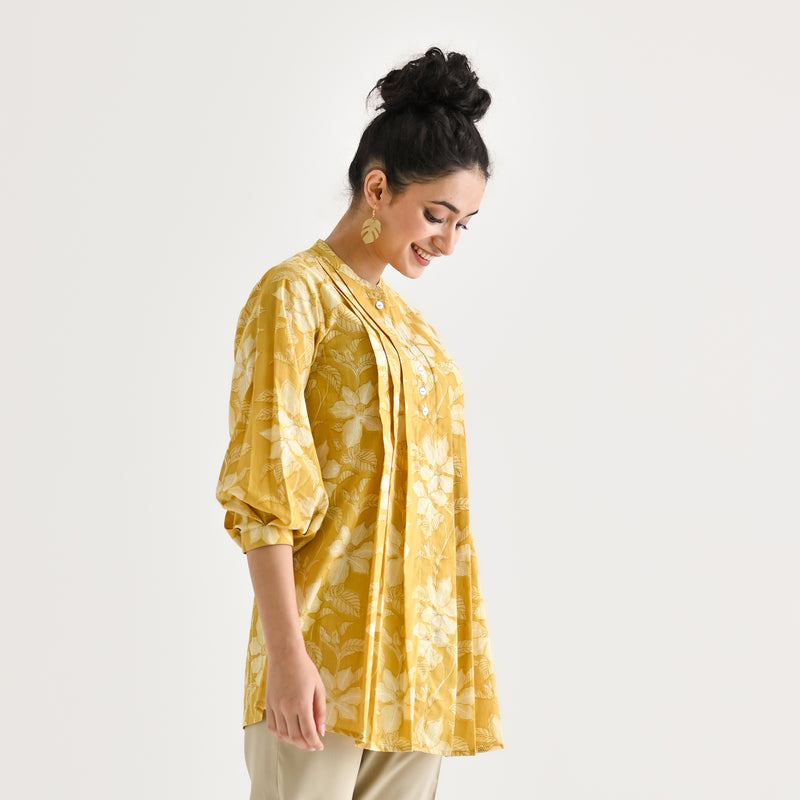 Mango Yellow Breezy Sanganeri Floral Cotton Tunic with Pintuck Detail