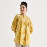 Mango Yellow Breezy Sanganeri Floral Cotton Tunic with Pintuck Detail