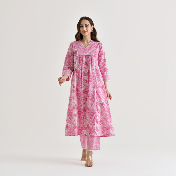 Baby Pink Sanganeri Cotton Co-ord Set with Embroidery & Lace Details