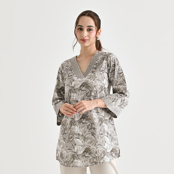 Grey Abstract Printed Sanganeri Tunic with Pintuck Neckline Detail
