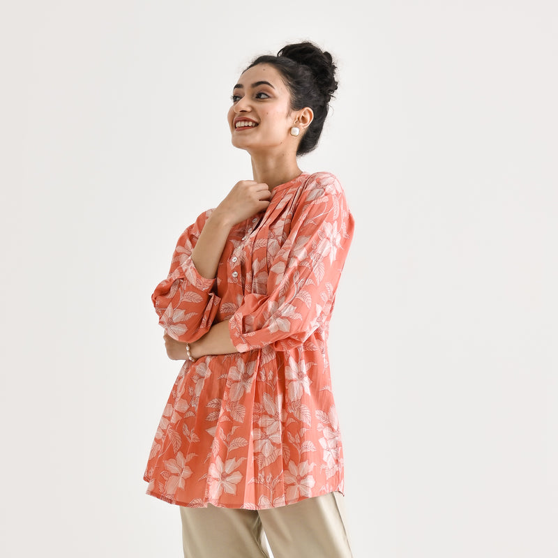 Peach Breezy Sanganeri Floral Cotton Tunic with Pintuck Detail