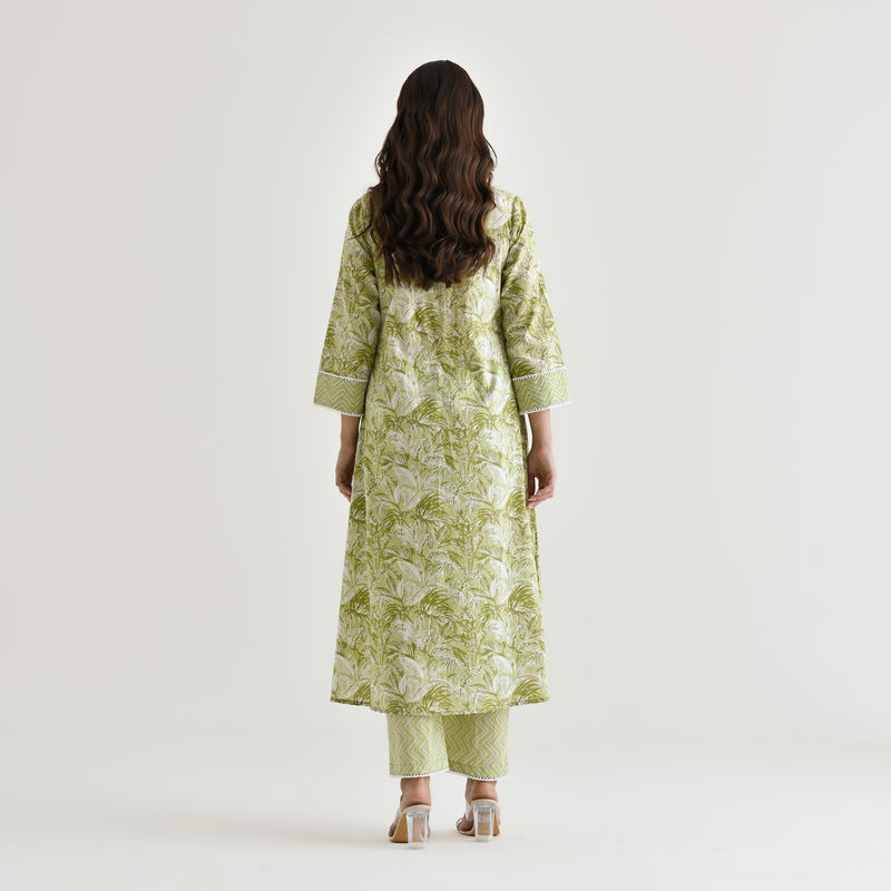 Lime Green Sanganeri Cotton Co-ord Set with Embroidery & Lace Details