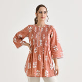 Brown Sanganeri Buta Printed Cotton Tunic with Pintuck & Lace Details