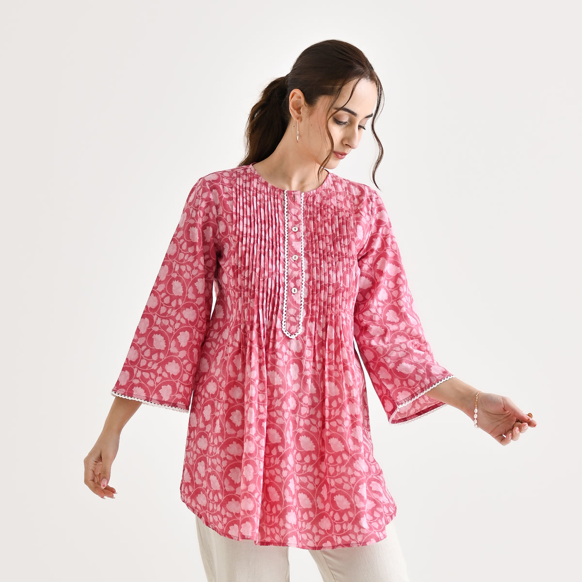 Dusty Pink Sanganeri Printed Cotton Tunic with Pintuck & Lace Details