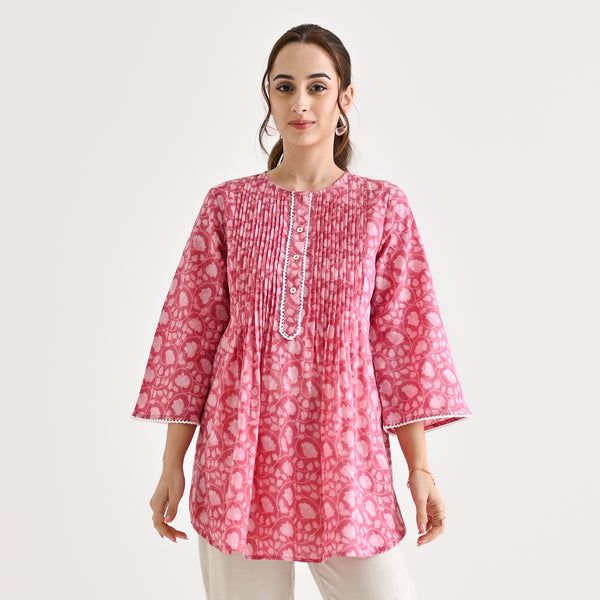 Dusty Pink Sanganeri Printed Cotton Tunic with Pintuck & Lace Details