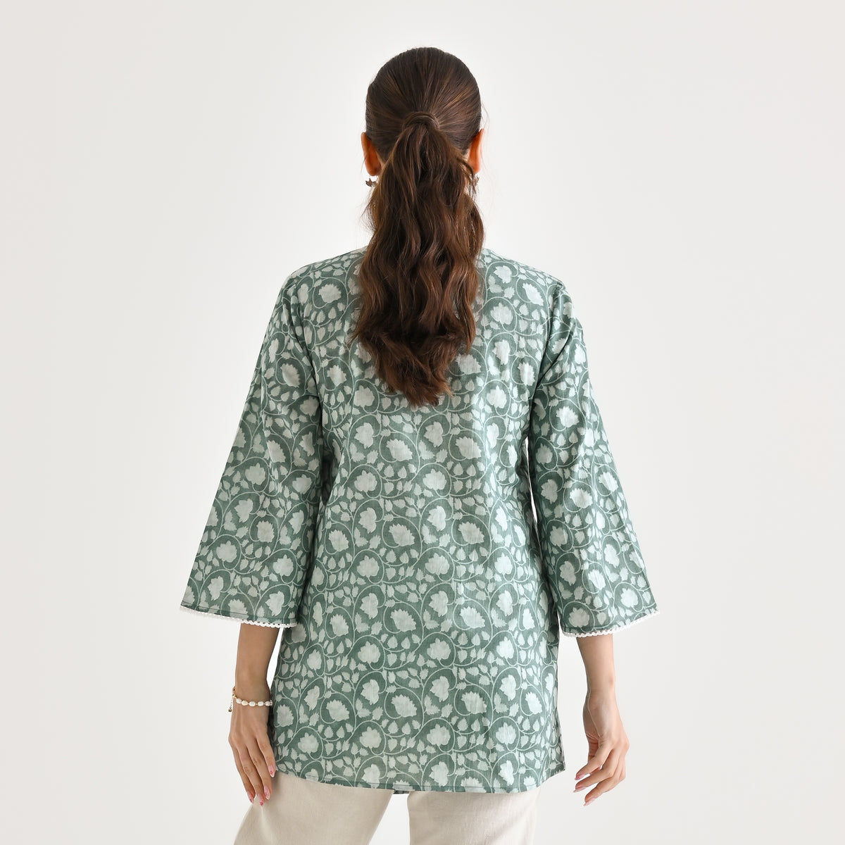 Dusty Blue Sanganeri Printed Cotton Tunic with Pintuck & Lace Details