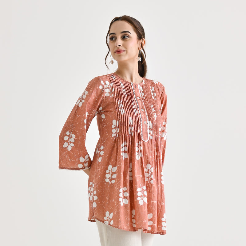 Brown Sanganeri Buta Printed Cotton Tunic with Pintuck & Lace Details