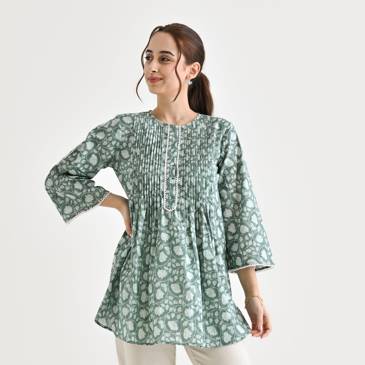 Dusty Blue Sanganeri Printed Cotton Tunic with Pintuck & Lace Details