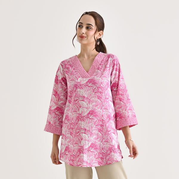 Baby Pink Abstract Printed Sanganeri Tunic with Pintuck Neckline Detail