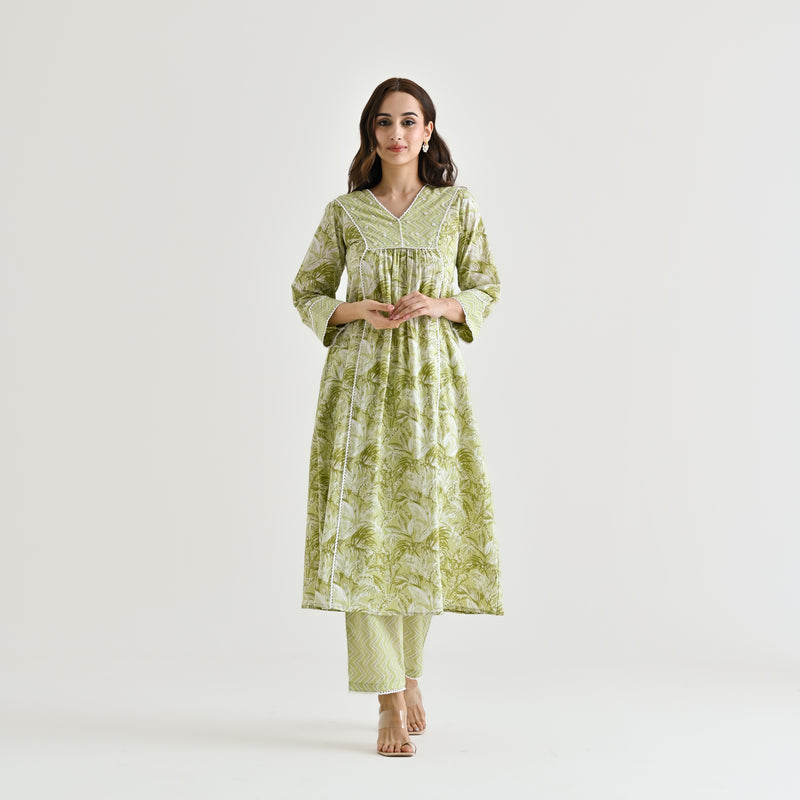 Lime Green Sanganeri Cotton Kurta with Embroidery & Lace Details