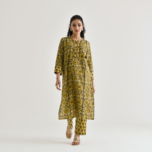 Olive Sanganeri Cotton Co-ord Set with Embroidered Neckline Detail