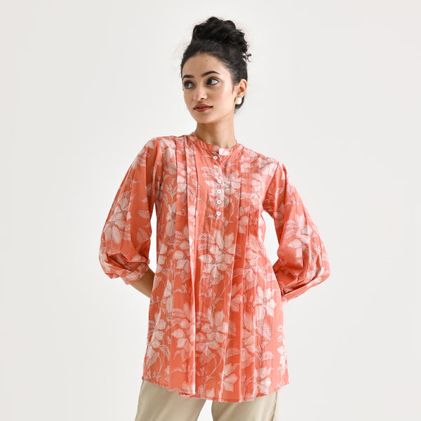 Peach Breezy Sanganeri Floral Tunic with Pintuck Detail