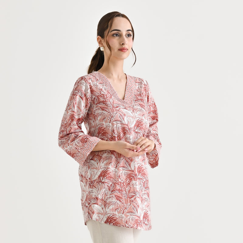 Dusty Peach Abstract Printed Sanganeri Cotton Tunic with Pintuck Neckline Detail