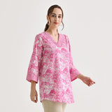 Baby Pink Abstract Printed Sanganeri Cotton Tunic with Pintuck Neckline Detail