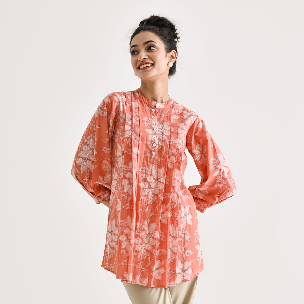 Peach Breezy Sanganeri Floral Cotton Tunic with Pintuck Detail