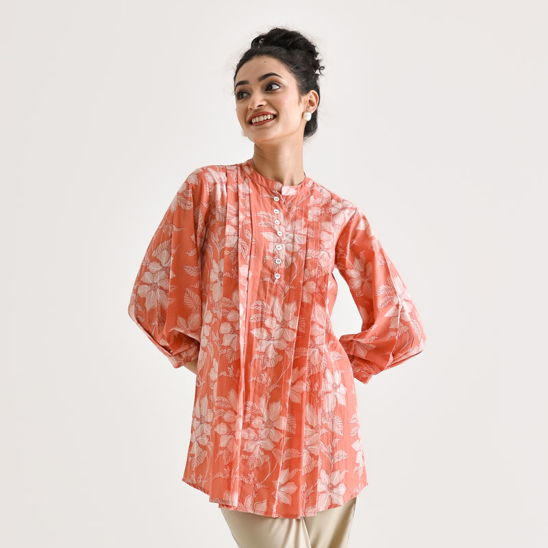 Peach Breezy Sanganeri Floral Cotton Tunic with Pintuck Detail