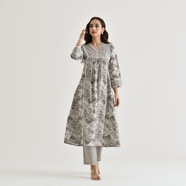 Grey Sanganeri Cotton Co-ord Set with Embroidery & Lace Details