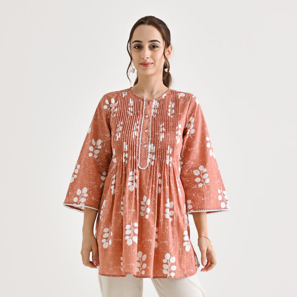 Brown Sanganeri Buta Printed Cotton Tunic with Pintuck & Lace Details