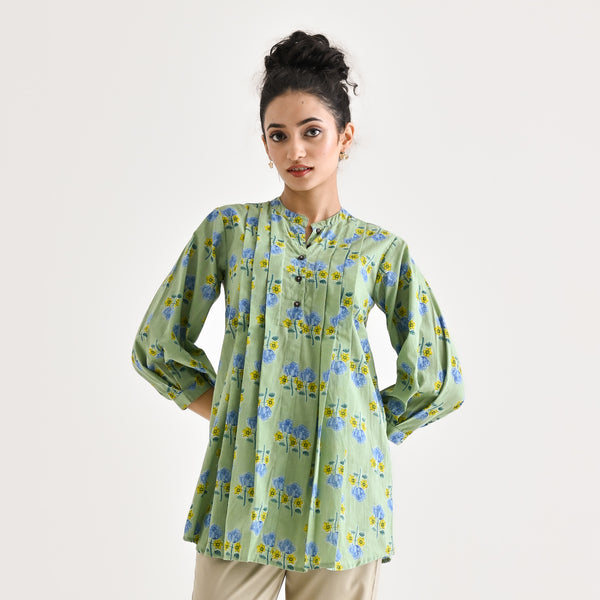 Mint Floral Printed Cotton Tunic with Pintuck & Button Details