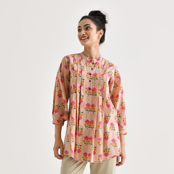 Baby Pink Floral Printed Tunic with Pintuck & Button Details