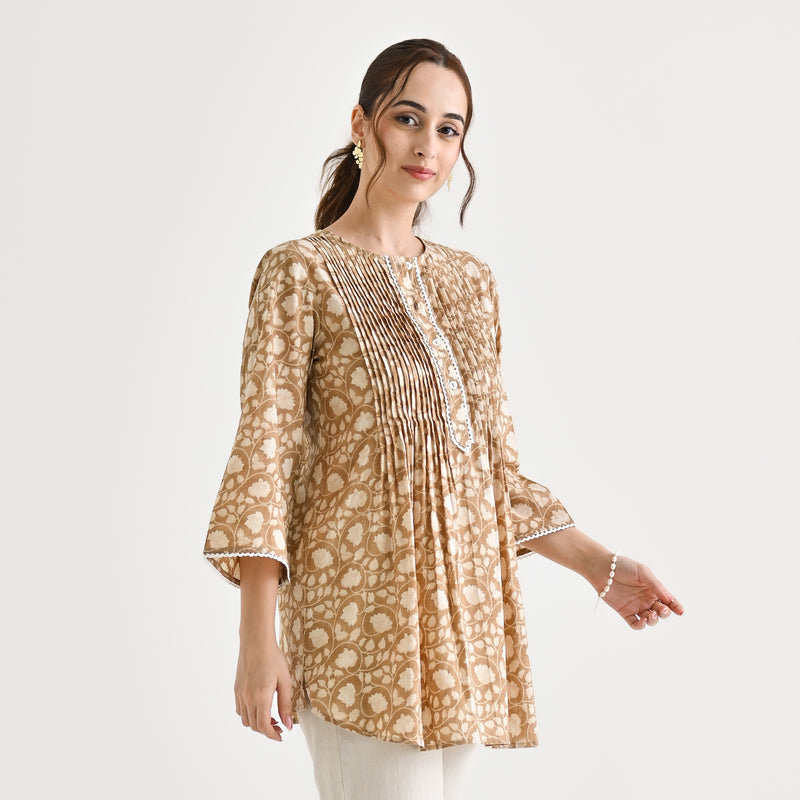 Brown Sanganeri Cotton Printed Tunic with Pintuck & Lace Details