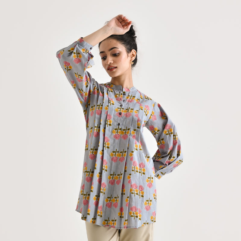 Dusty Blue Floral Printed Cotton Tunic with Pintuck & Button Details