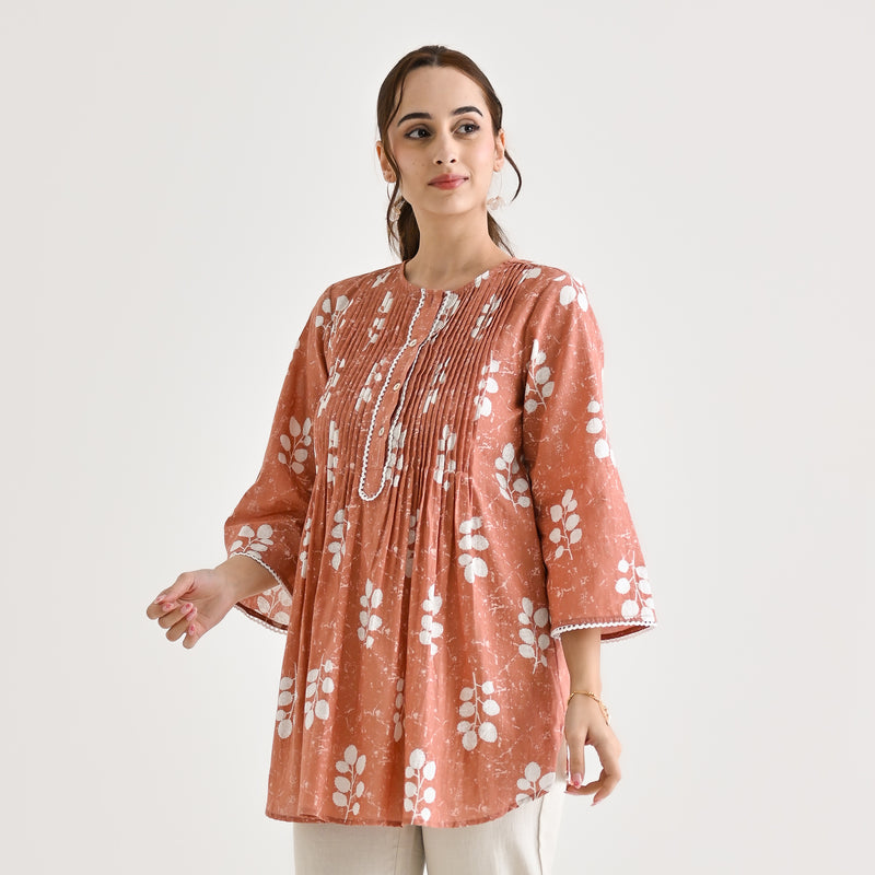 Brown Sanganeri Buta Printed Cotton Tunic with Pintuck & Lace Details