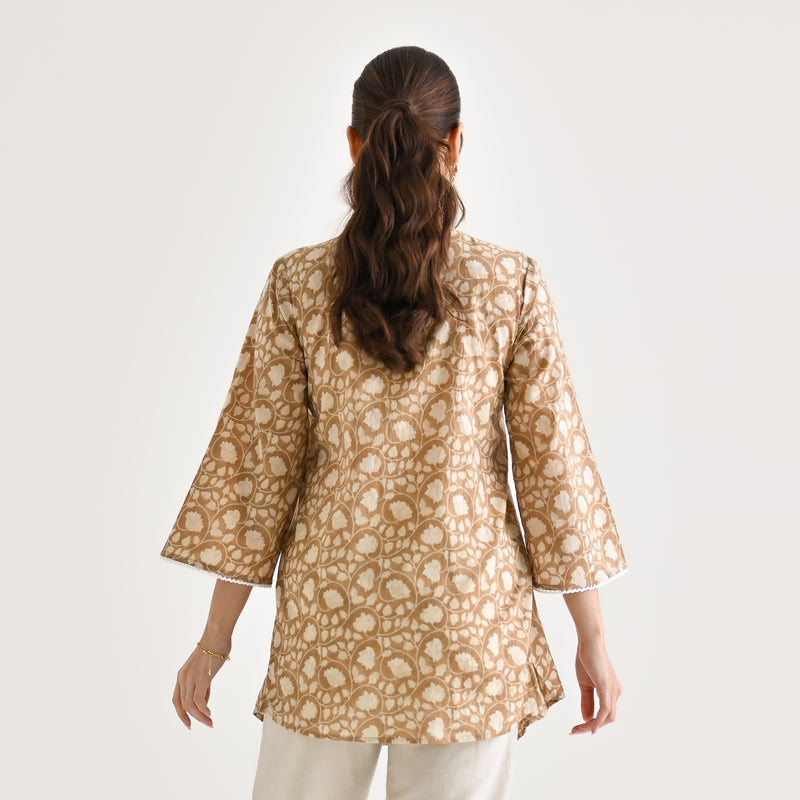 Brown Sanganeri Cotton Printed Tunic with Pintuck & Lace Details