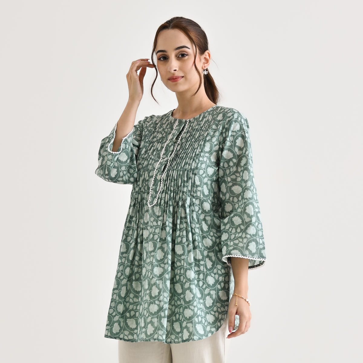 Dusty Blue Sanganeri Printed Cotton Tunic with Pintuck & Lace Details