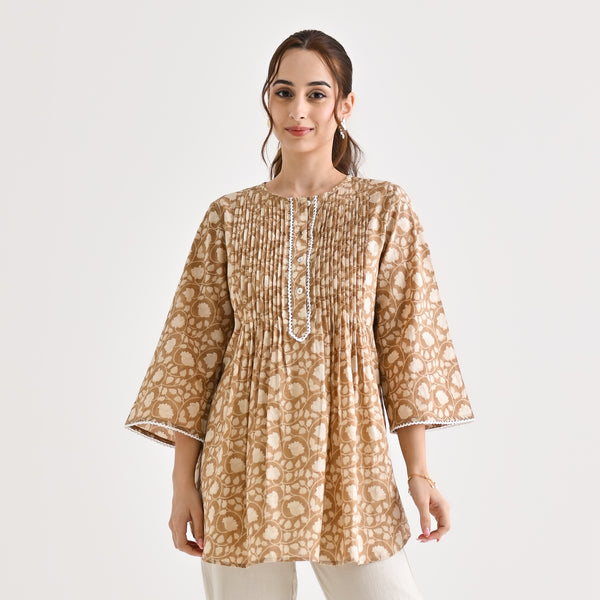 Brown Sanganeri Cotton Printed Tunic with Pintuck & Lace Details