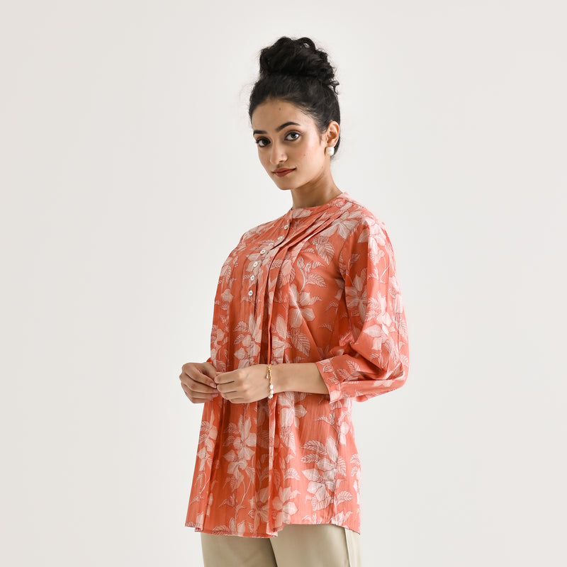 Peach Breezy Sanganeri Floral Cotton Tunic with Pintuck Detail
