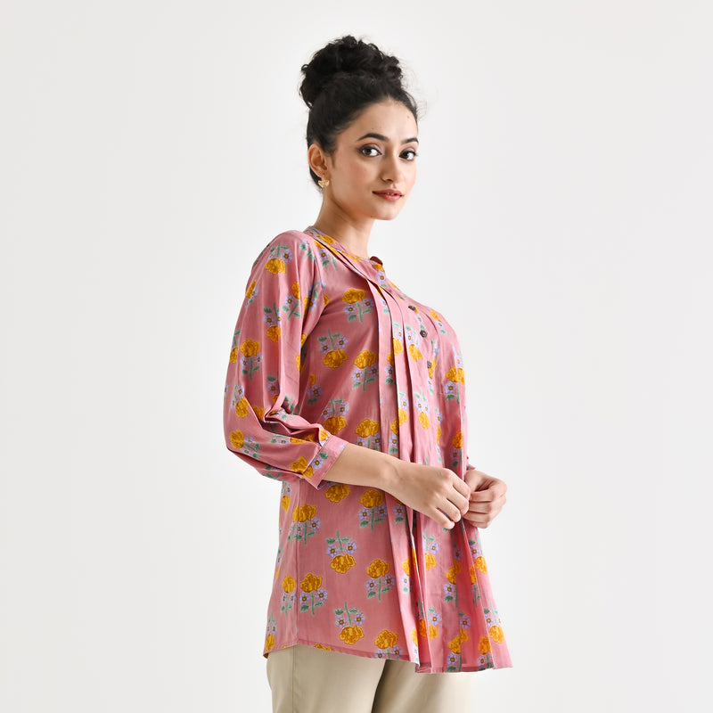 Dusty Pink Floral Printed Cotton Tunic with Pintuck & Button Details