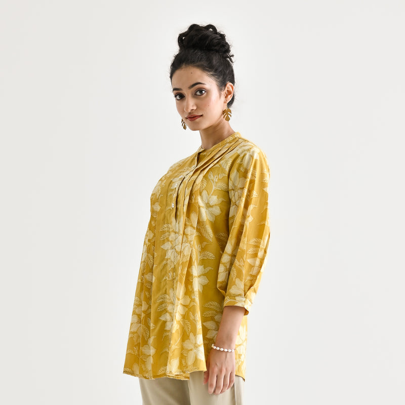 Mango Yellow Breezy Sanganeri Floral Cotton Tunic with Pintuck Detail